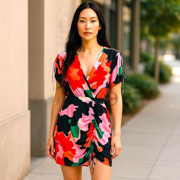 Donna Morgan NWT Ruched Surplice Neck Bodycon Tie Dress Size 6 - Picture 1 of 13